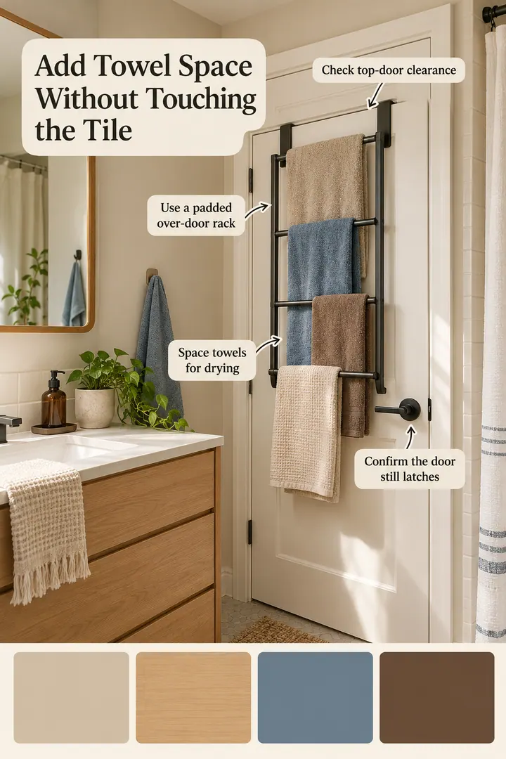 Color Palette Guide of over door bathroom towel rack in Rental bathroom door showing check top-door clearance.