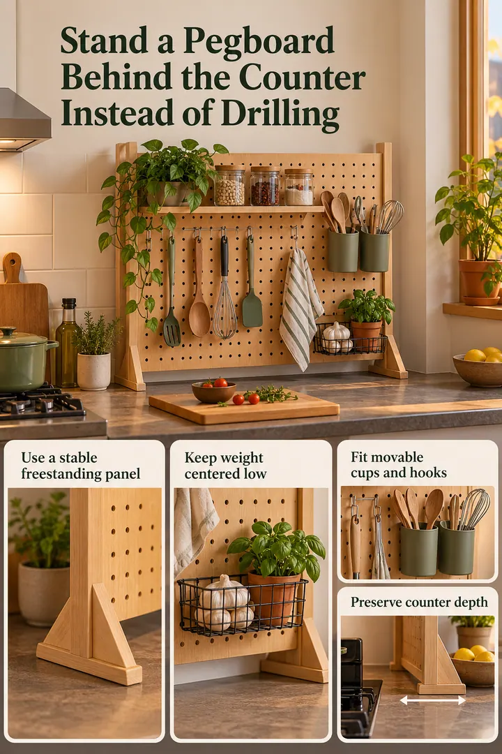 Room-by-Room Visual Guide of freestanding kitchen pegboard in Rental kitchen blank wall showing use a stable freestanding panel.