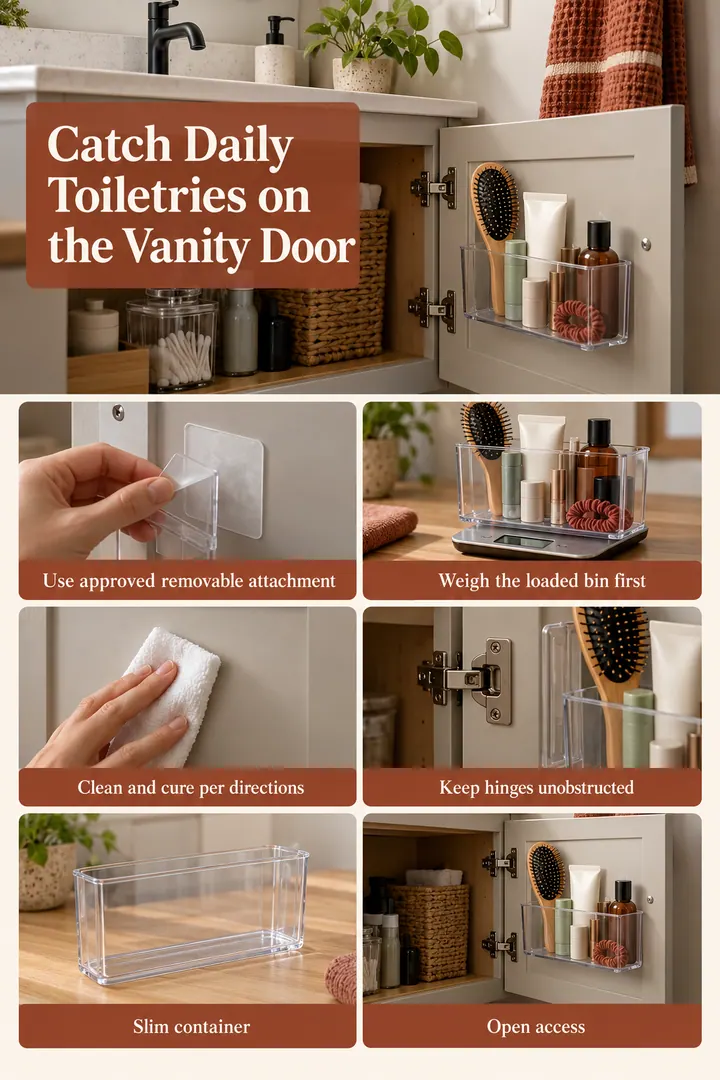 Budget Decor Catalog of removable cabinet door bin in Rental bathroom vanity showing use approved removable attachment.
