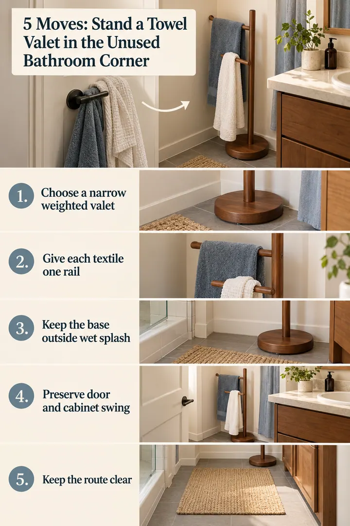 Numbered Ideas Infographic of freestanding towel valet in Rental bathroom corner showing choose a narrow weighted valet.