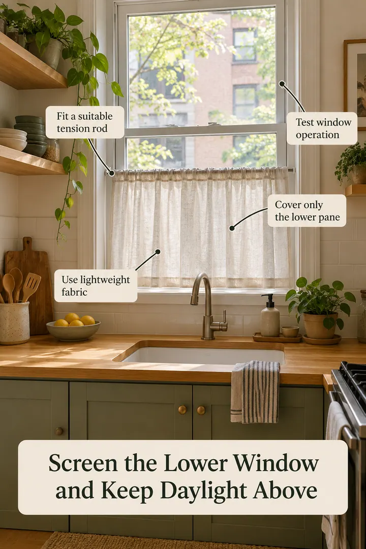 Annotated Educational Photo of compression curtain cafe privacy in Street-level rental kitchen showing fit a suitable tension rod.
