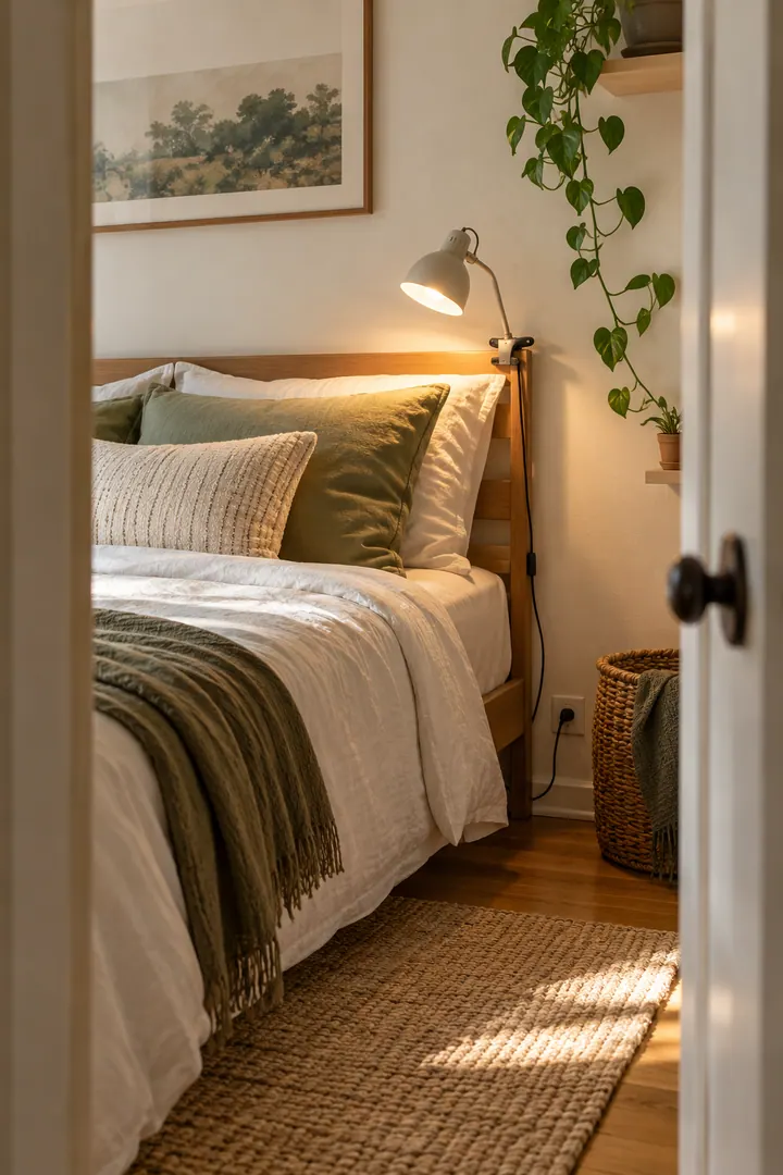 Clean Photo of clip on bedside lamp in Rental bedroom showing clamp only to a suitable surface.