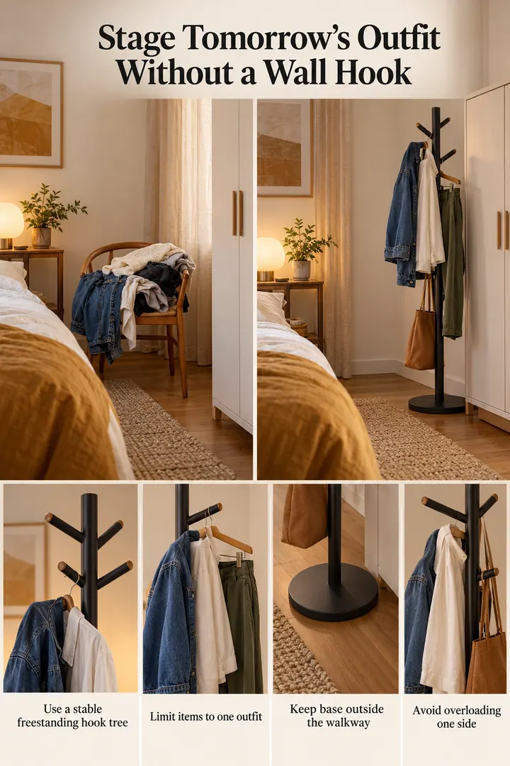 Editorial Educational Collage of freestanding wardrobe side hooks in Rental bedroom showing use a stable freestanding hook tree.