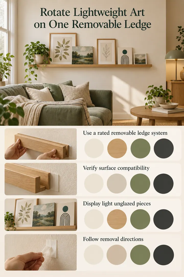 Color Palette Guide of removable picture ledge display in Rental living room showing use a rated removable ledge system.