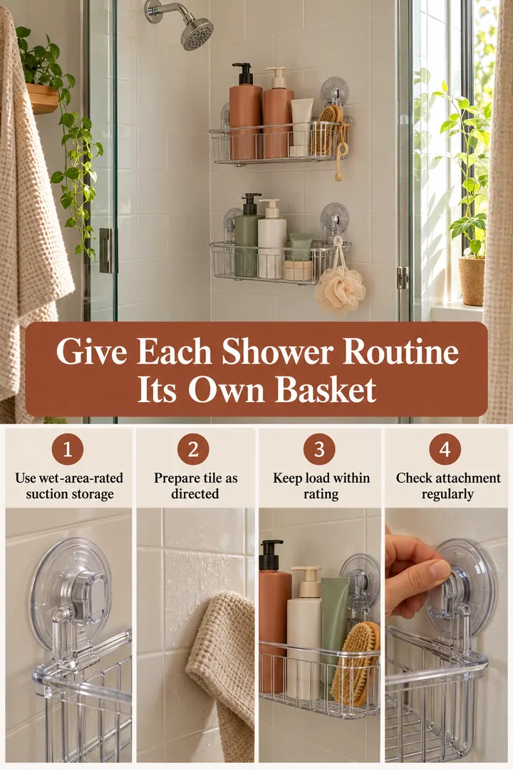 Room-by-Room Visual Guide of suction shower routine baskets in Rental shower showing use wet-area-rated suction storage.