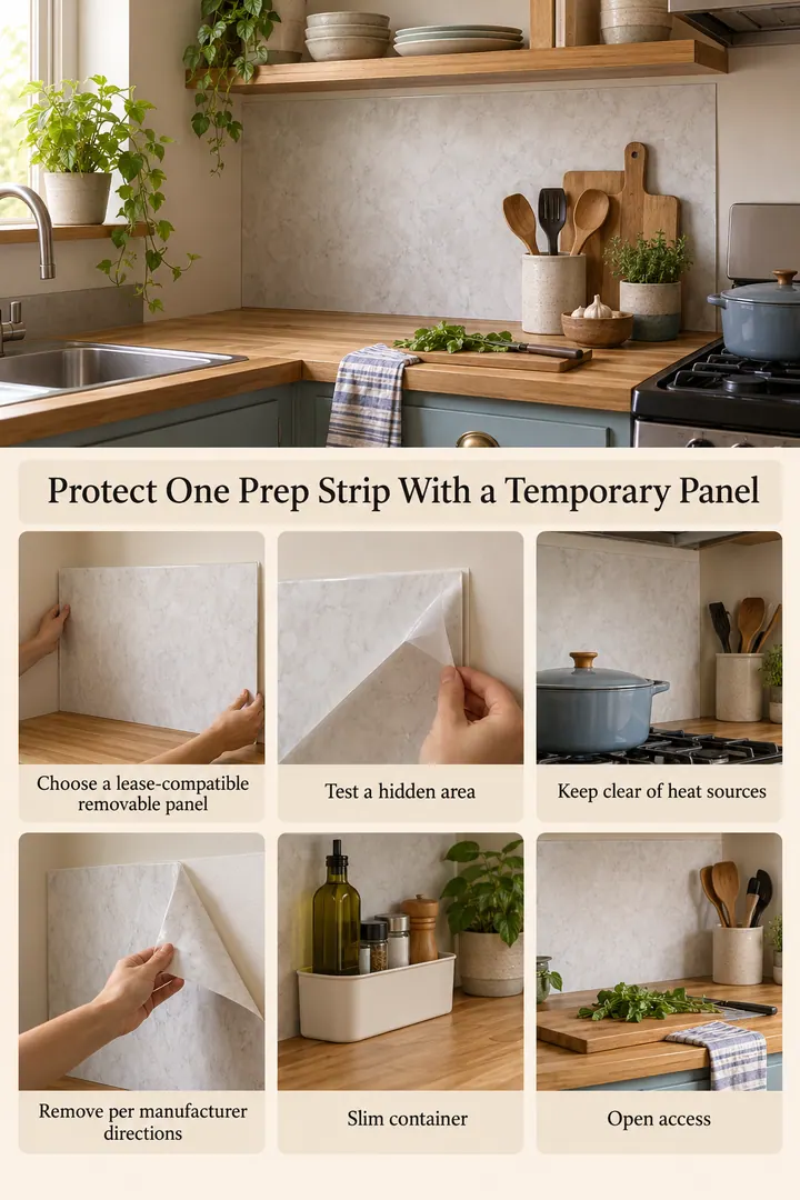Budget Decor Catalog of temporary backsplash prep panel in Rental kitchen showing choose a lease-compatible removable panel.