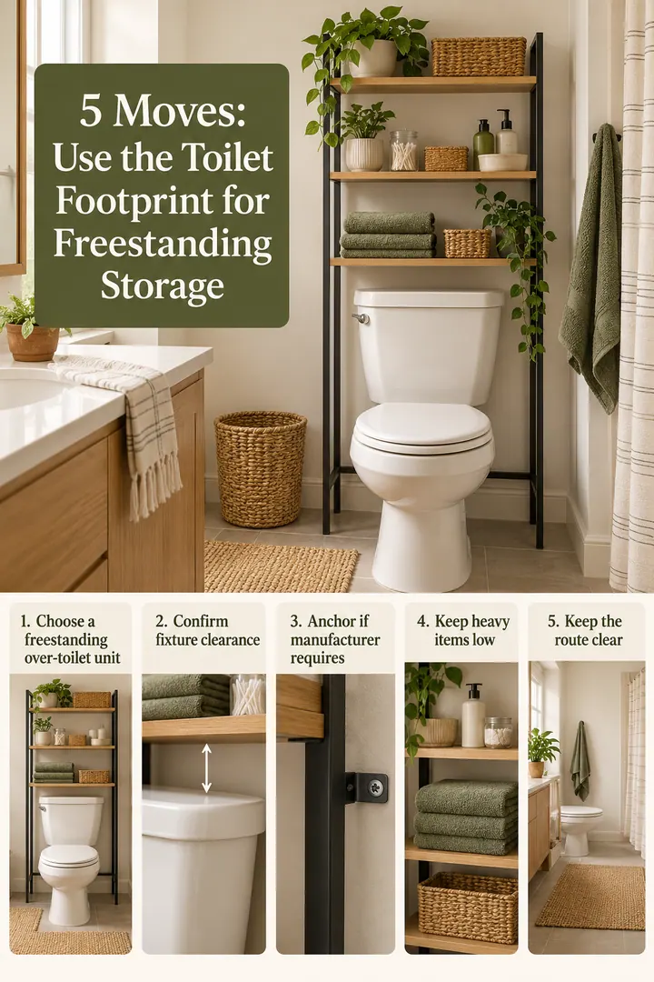 Numbered Ideas Infographic of over toilet freestanding etagere in Rental bathroom showing choose a freestanding over-toilet unit.