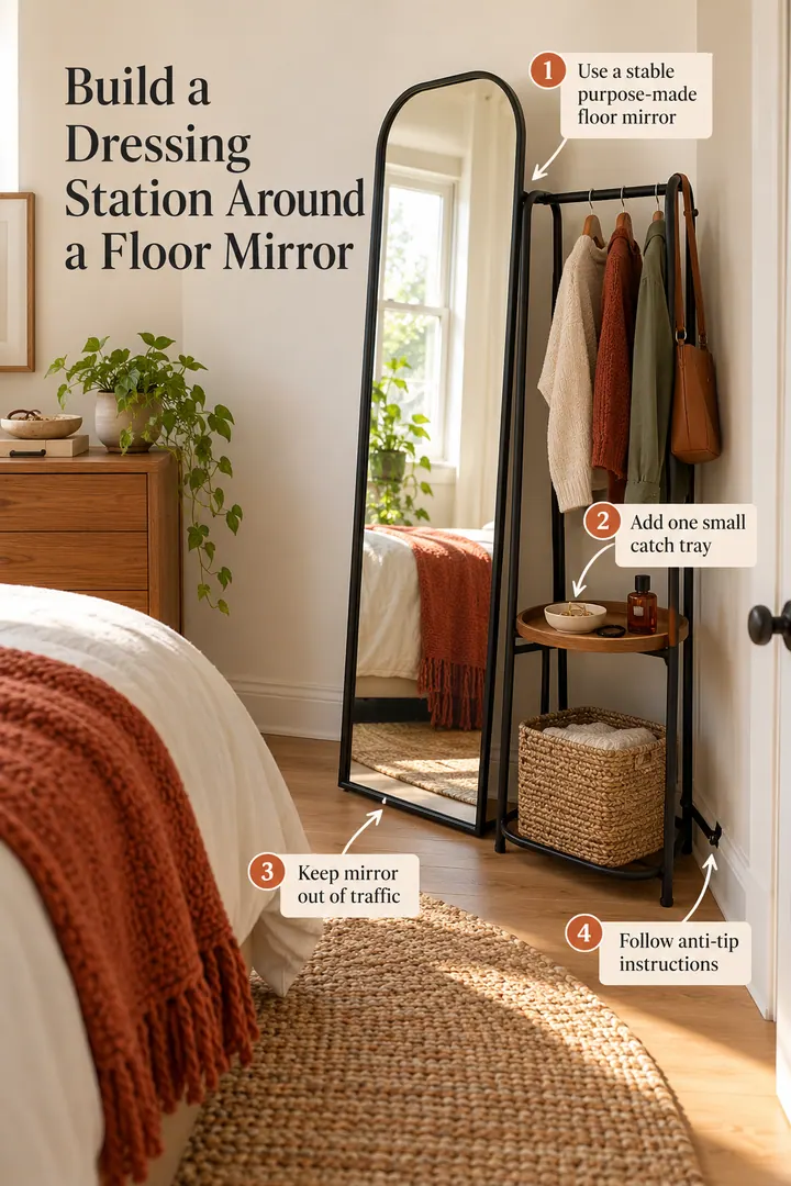 Annotated Educational Photo of floor mirror dressing station in Rental bedroom showing use a stable purpose-made floor mirror.