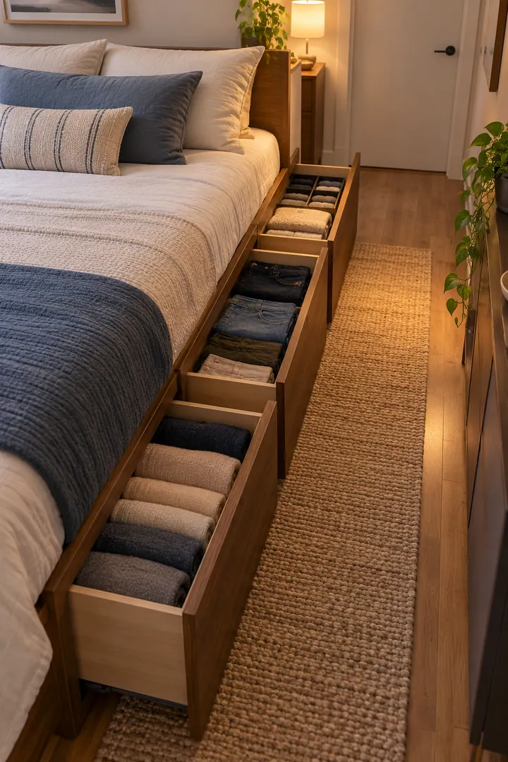 Clean Photo of aisle side platform bed drawers in Narrow bedroom showing choose drawers on the aisle side.