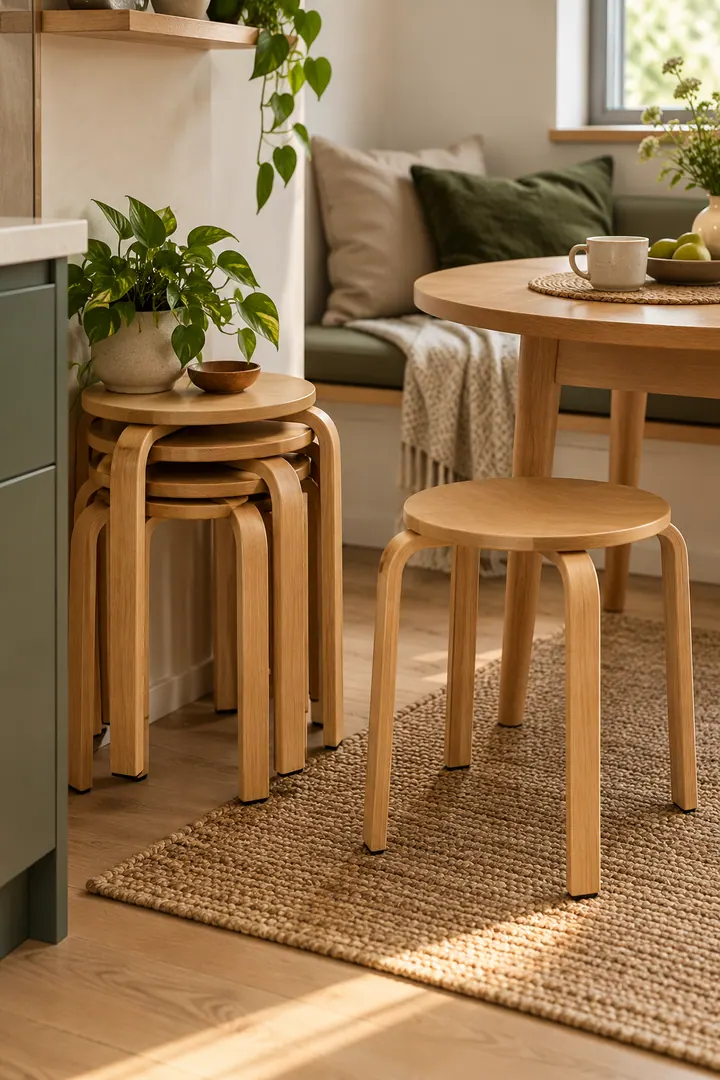 Detail/Lifestyle Photo of nesting stool dining seats in Studio dining corner showing choose fully nesting stools.