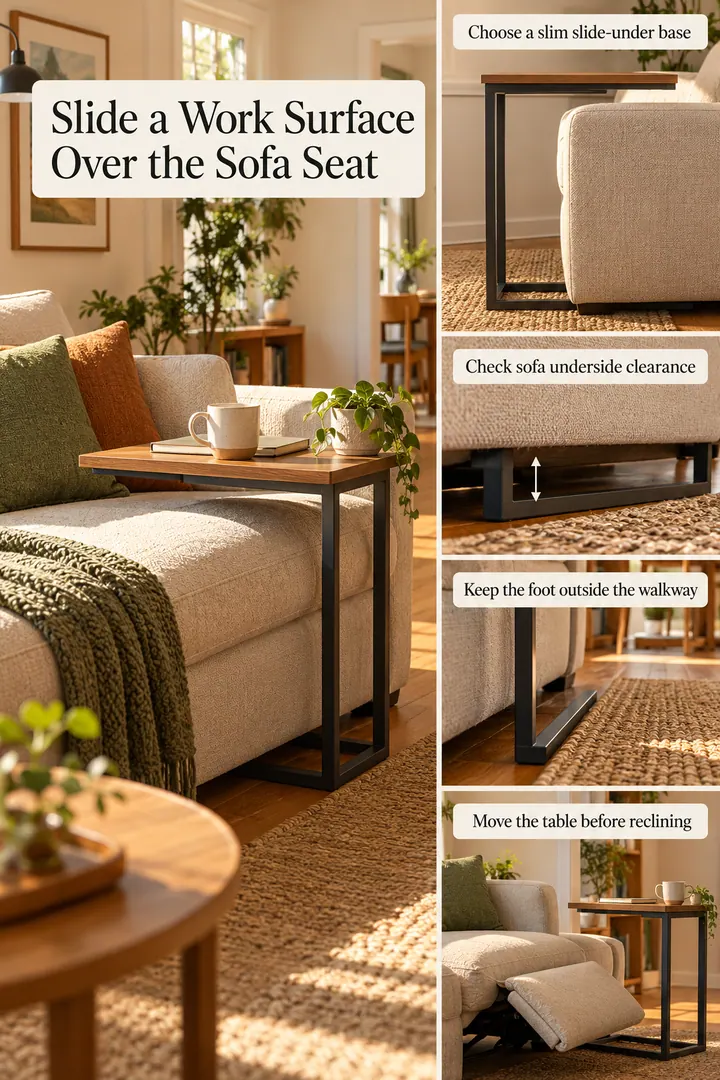 Editorial Educational Collage of sofa slide under c table in Small living room showing choose a slim slide-under base.