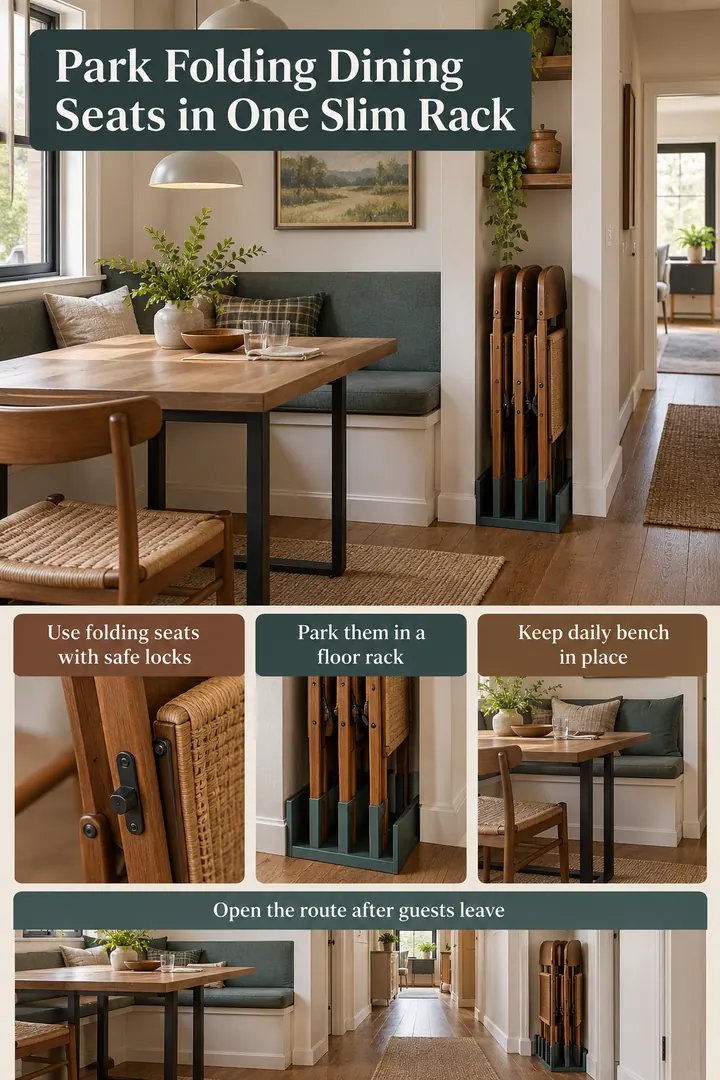 Room-by-Room Visual Guide of folding dining bench wall parking in Compact dining nook showing use folding seats with safe locks.