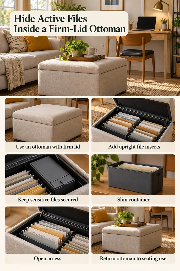 Budget Decor Catalog of ottoman file storage insert in Living-room work corner showing use an ottoman with firm lid.