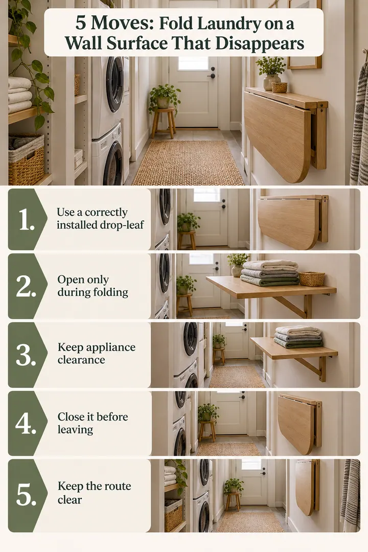 Numbered Ideas Infographic of drop leaf laundry folding table in Laundry closet passage showing use a correctly installed drop-leaf.
