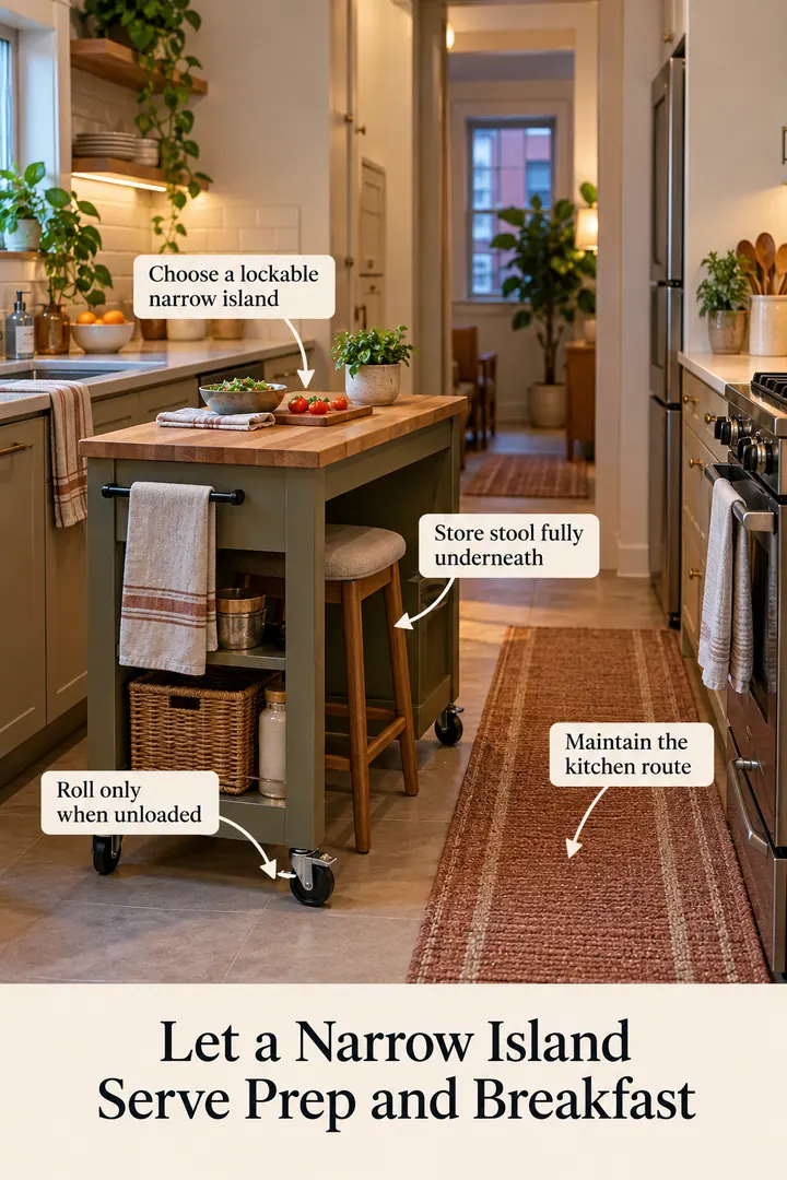 Annotated Educational Photo of rolling kitchen island dining perch in Galley kitchen edge showing choose a lockable narrow island.