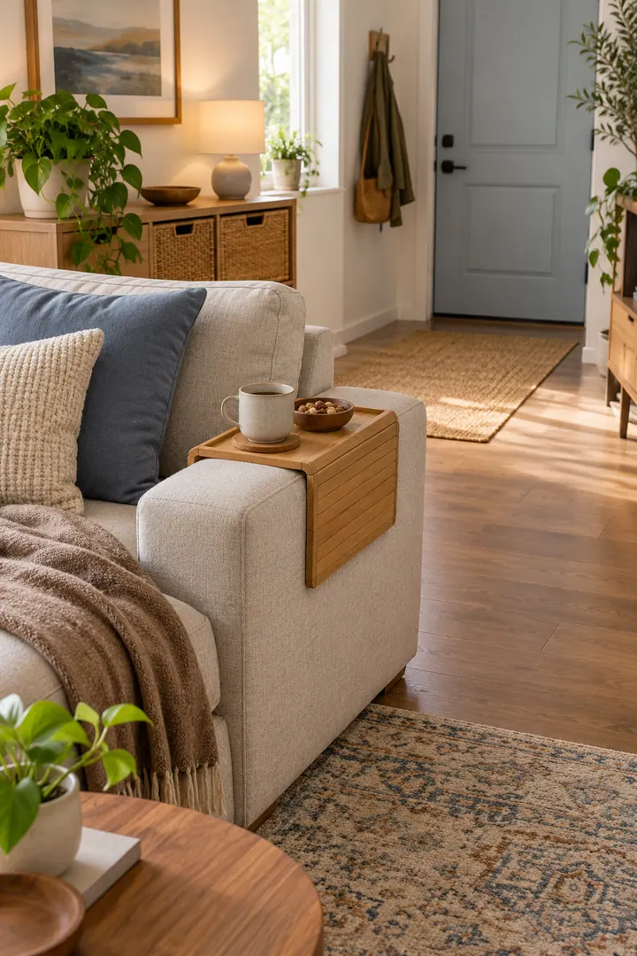 Clean Photo of sofa arm tray side table alternative in Tiny living room showing use a stable fitted arm tray.
