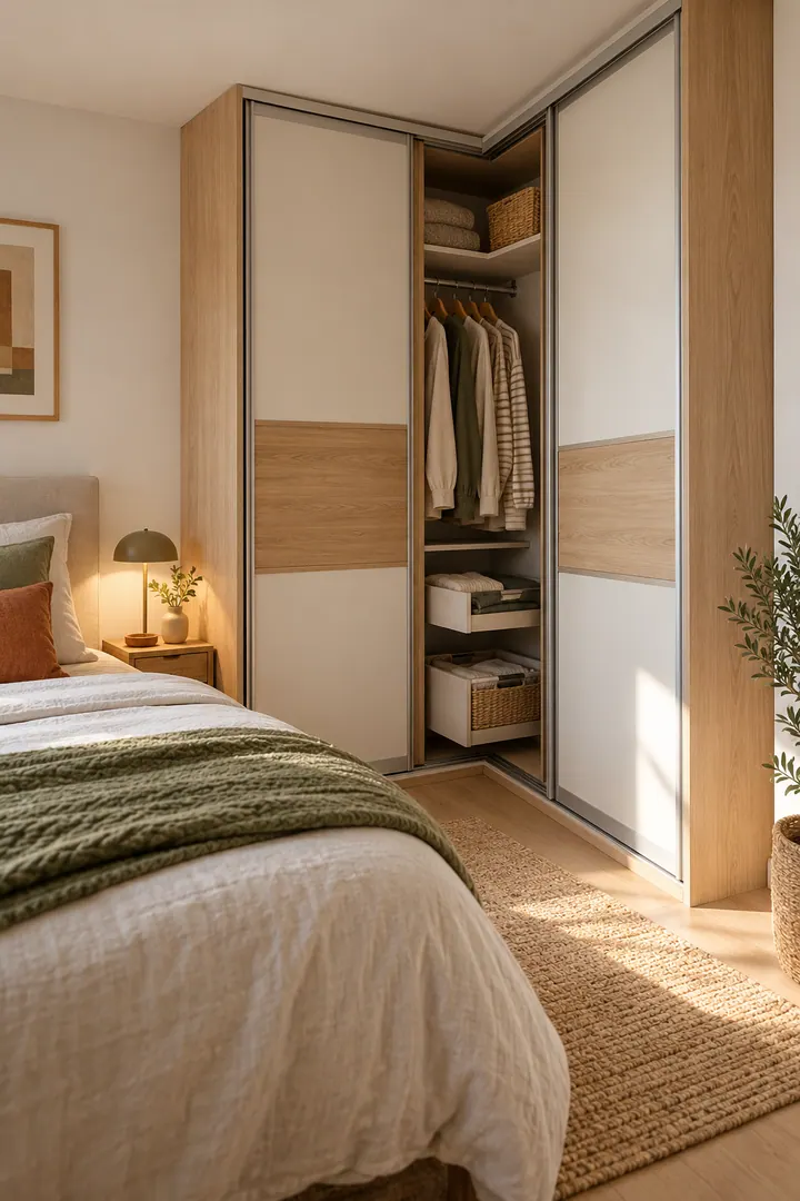 Detail/Lifestyle Photo of corner wardrobe sliding doors in Small bedroom corner showing choose sliding-door access.