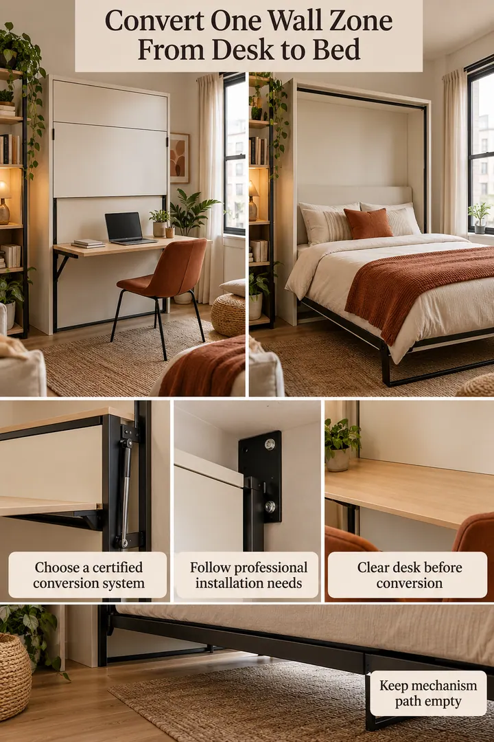 Editorial Educational Collage of wall bed desk conversion in Micro studio showing choose a certified conversion system.