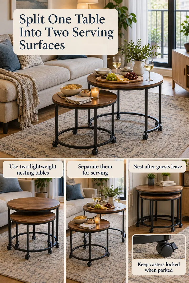 Room-by-Room Visual Guide of rolling nesting tables hosting in Small living room showing use two lightweight nesting tables.