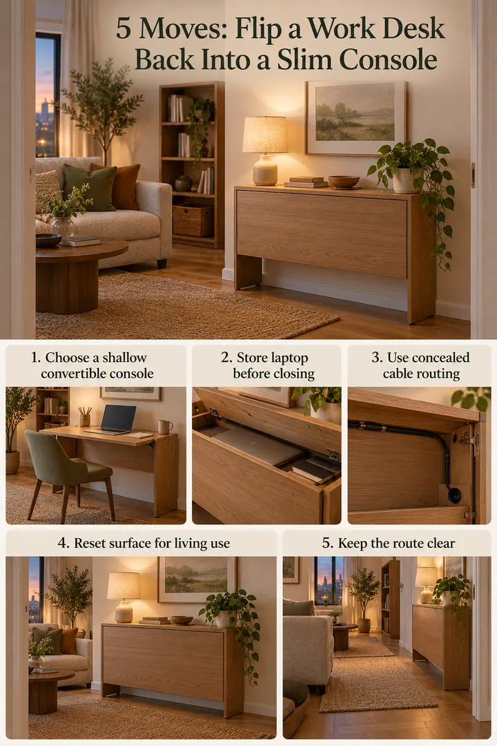 Numbered Ideas Infographic of reversible desk console in Living room wall showing choose a shallow convertible console.