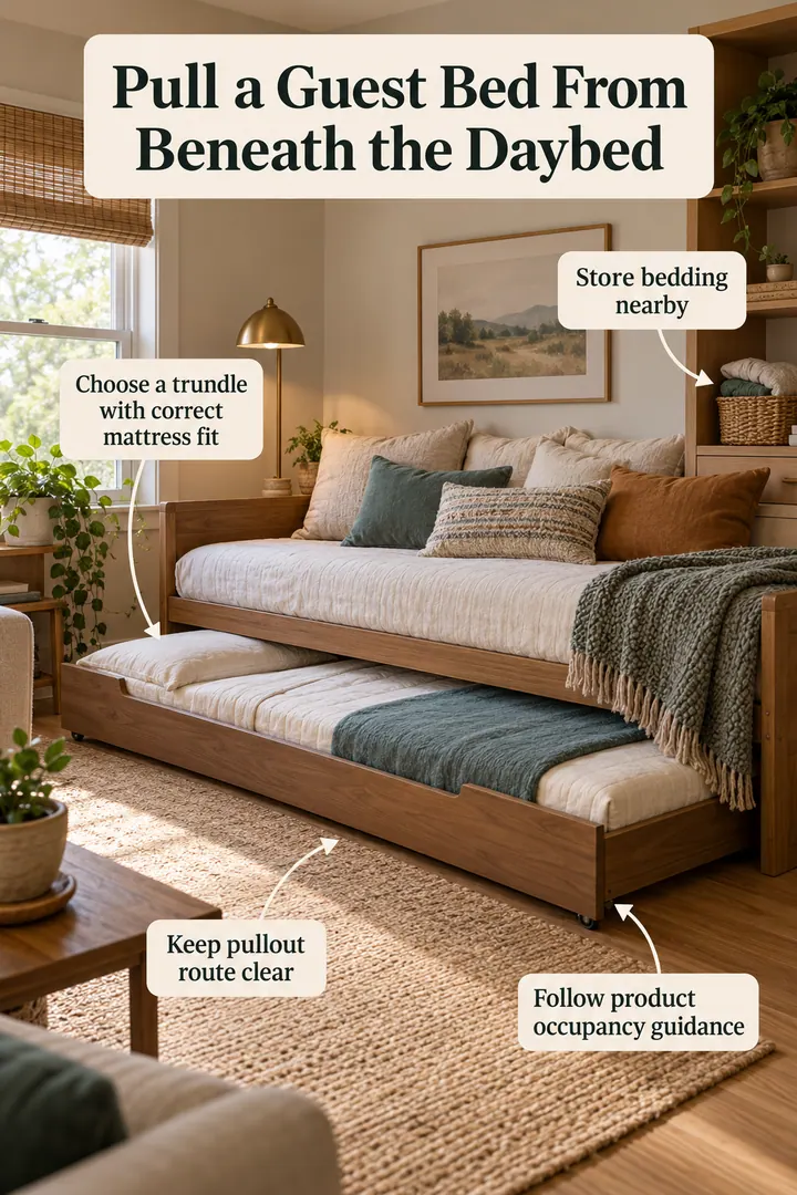 Annotated Educational Photo of trundle daybed guest setup in One-bedroom living room showing choose a trundle with correct mattress fit.