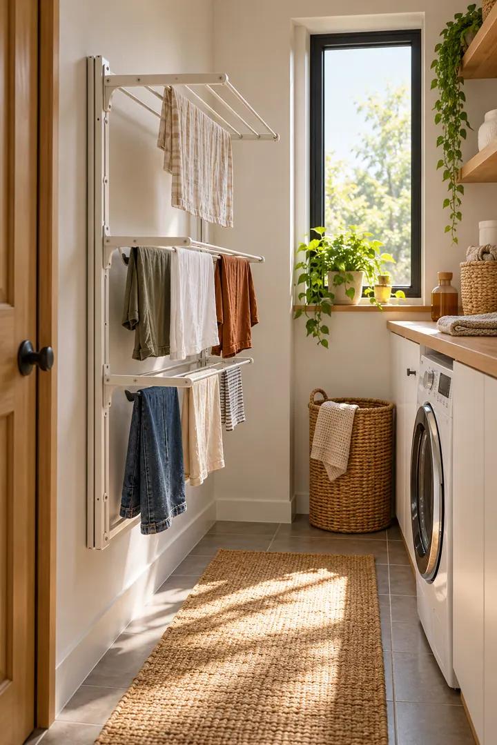 Clean Photo of vertical folding drying rack in Compact laundry corner showing use an approved folding wall rack.