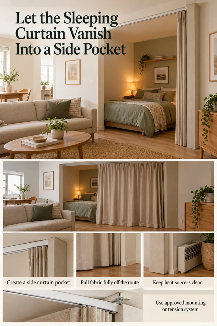 Editorial Educational Collage of curtain pocket sleeping alcove in Studio apartment showing create a side curtain pocket.