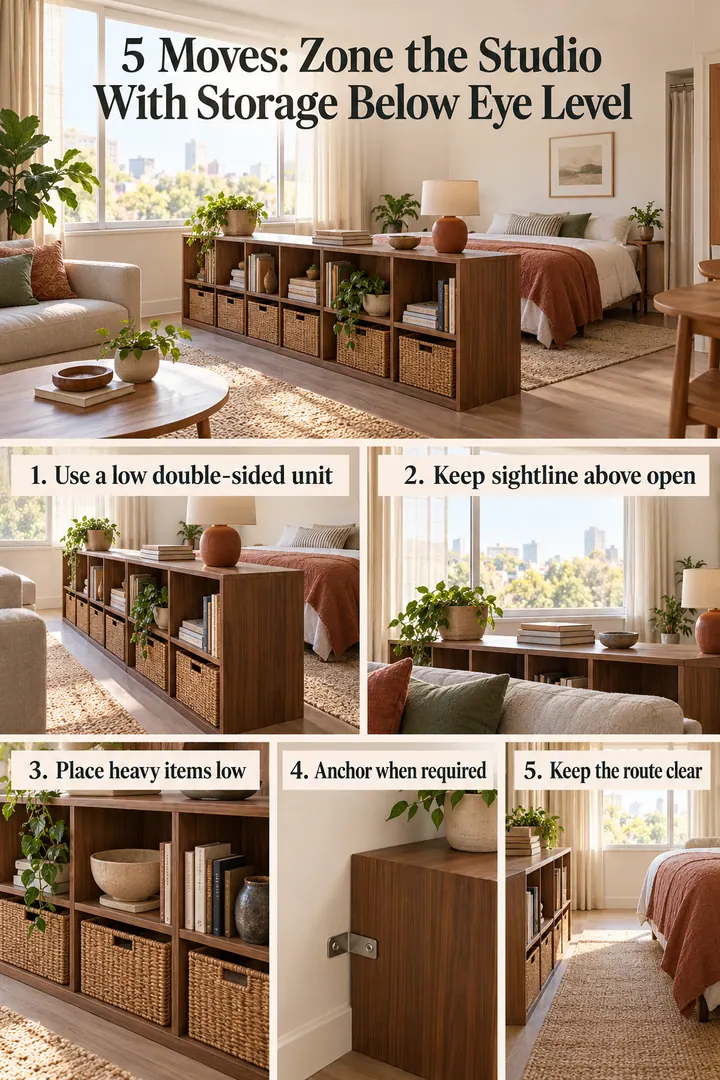 Numbered Ideas Infographic of low storage spine zoning in Open studio showing use a low double-sided unit.