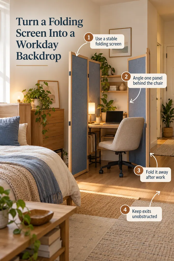 Annotated Educational Photo of rotating screen work backdrop in Studio work corner showing use a stable folding screen.