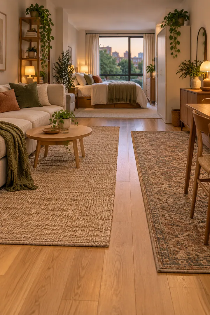 Clean Photo of rug overlap transition zones in Long studio apartment showing give each zone one rug.