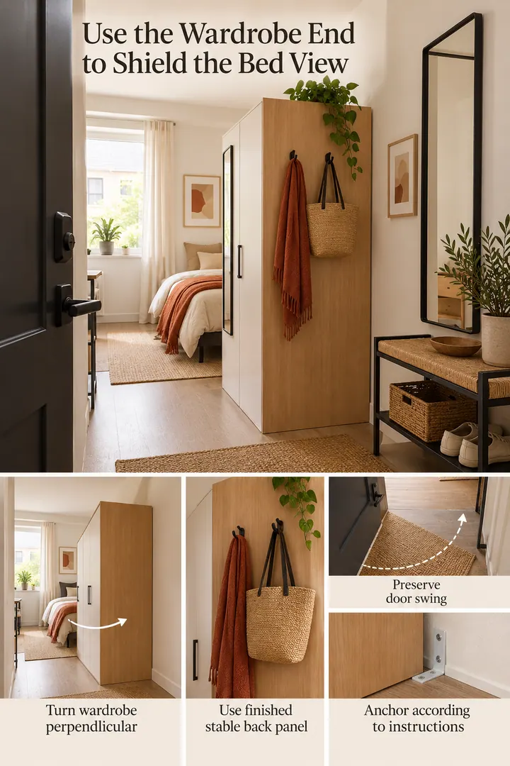 Editorial Educational Collage of wardrobe end panel entry zone in Studio entrance showing turn wardrobe perpendicular.