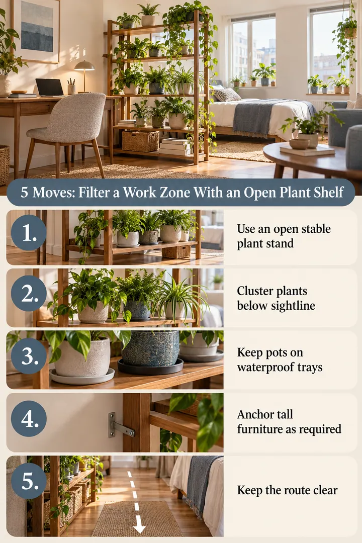Numbered Ideas Infographic of plant shelf partial divider in Bright studio apartment showing use an open stable plant stand.
