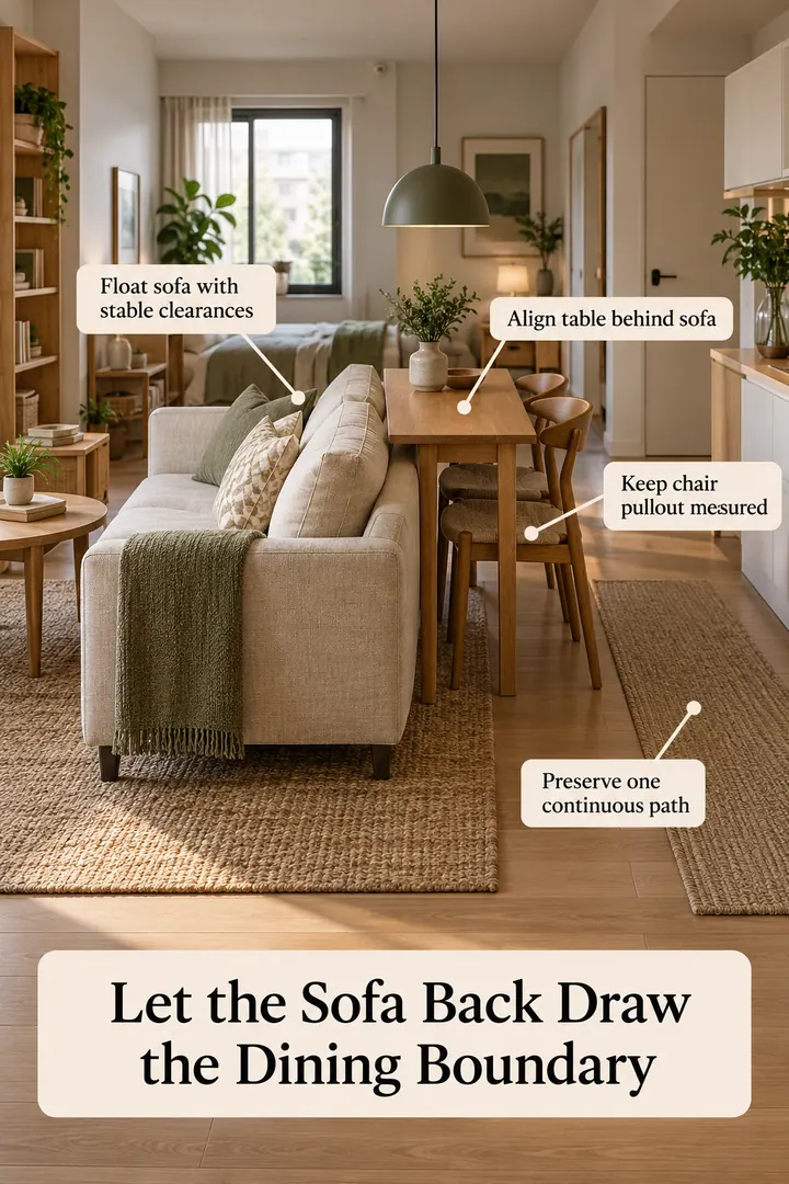 Annotated Educational Photo of sofa back dining boundary in Square studio showing float sofa with stable clearances.