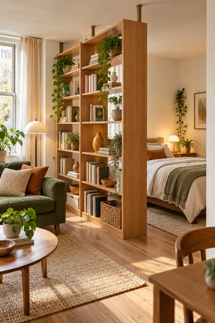 Clean Photo of bookcase bridge two sided access in Studio living-sleep boundary showing choose open two-sided shelving.