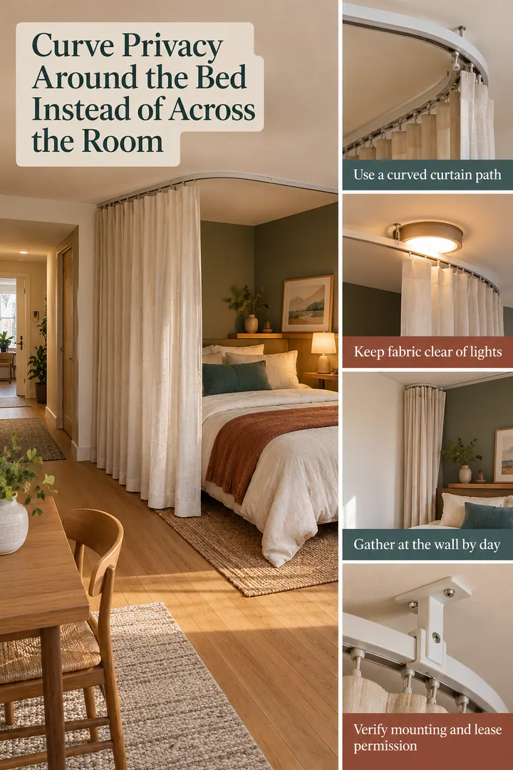 Editorial Educational Collage of ceiling track curved bed screen in Alcove studio showing use a curved curtain path.