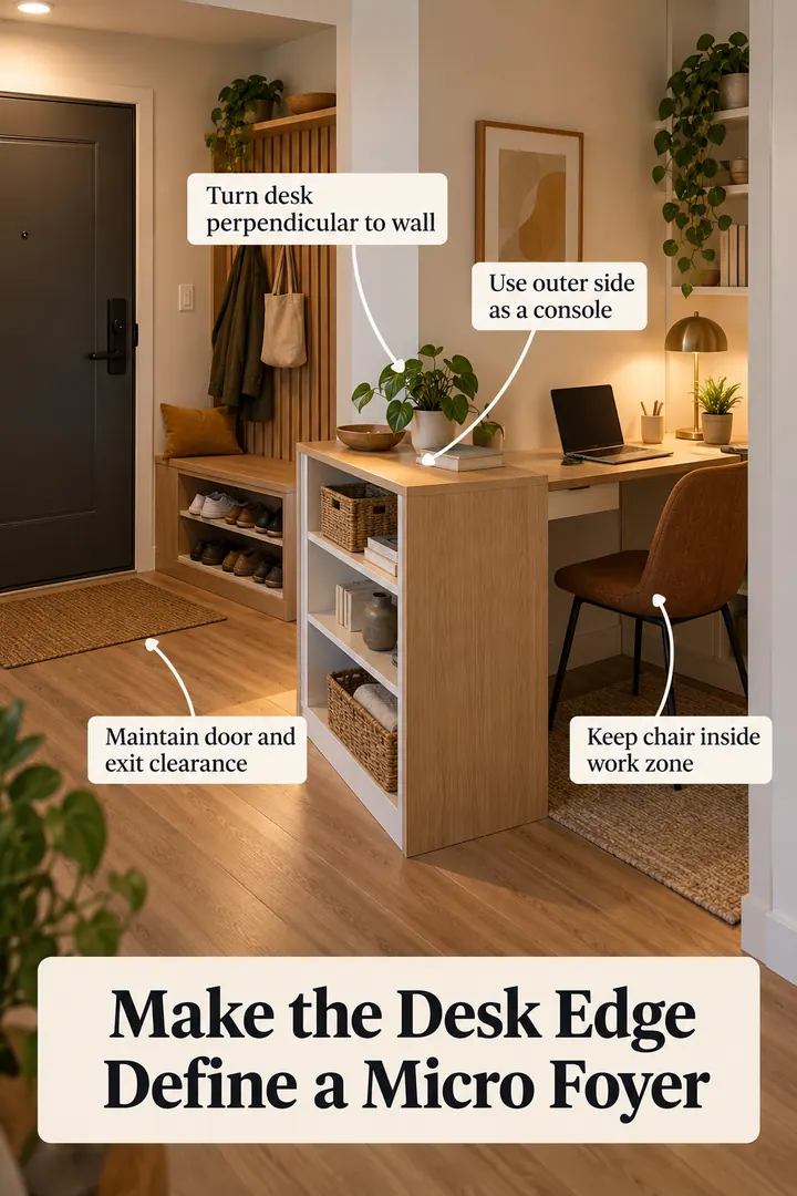 Annotated Educational Photo of desk perpendicular micro foyer in Studio entrance wall showing turn desk perpendicular to wall.