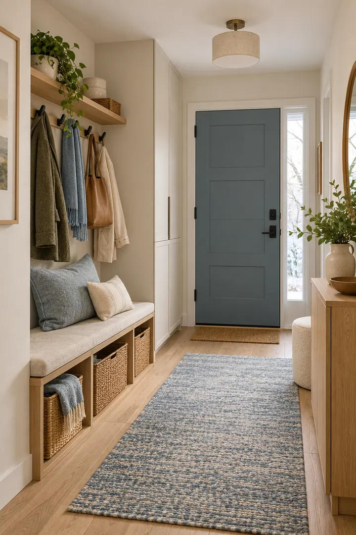 Clean Photo of frost blue winter entry palette in Tiny apartment entry showing pair frost blue with warm oak.