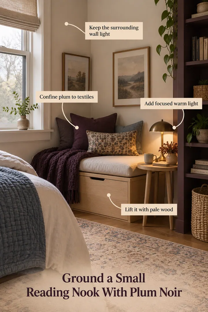 Annotated Educational Photo of plum noir reading nook palette in Small bedroom reading nook showing confine plum to textiles.