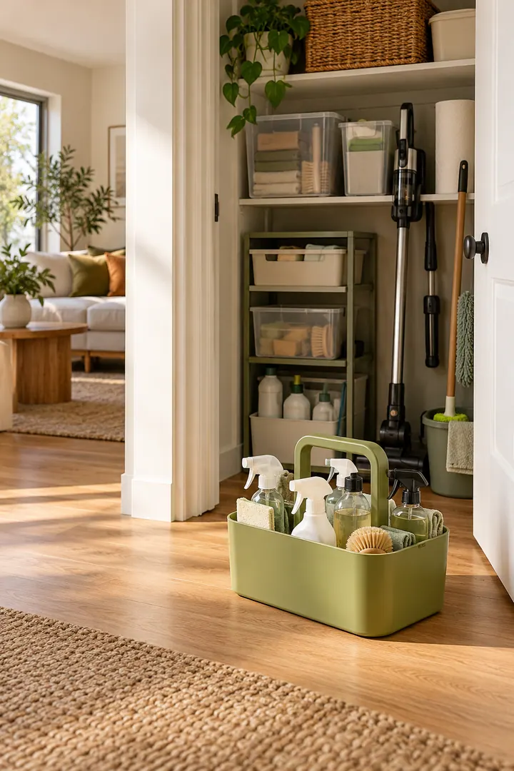 Clean Photo of wasabi spring cleaning caddy in Compact utility closet showing use wasabi on one portable caddy.