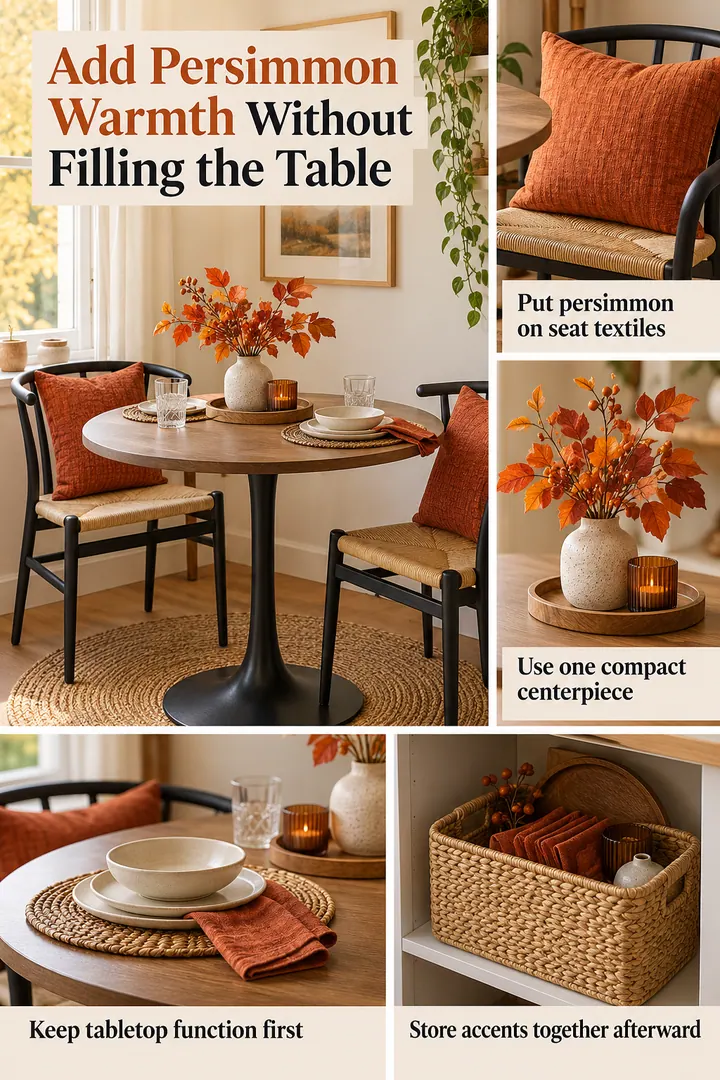 Editorial Educational Collage of persimmon autumn dining accents in Tiny dining nook showing put persimmon on seat textiles.