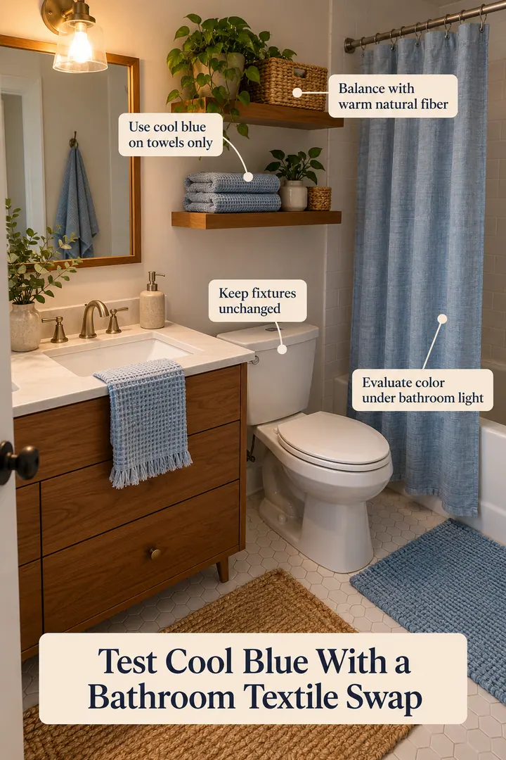 Annotated Educational Photo of cool blue bathroom textile edit in Small rental bathroom showing use cool blue on towels only.