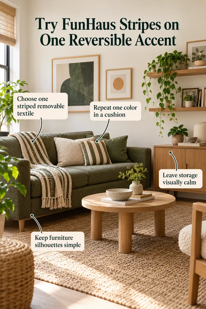 Annotated Educational Photo of funhaus stripe micro accent in Compact living room showing choose one striped removable textile.