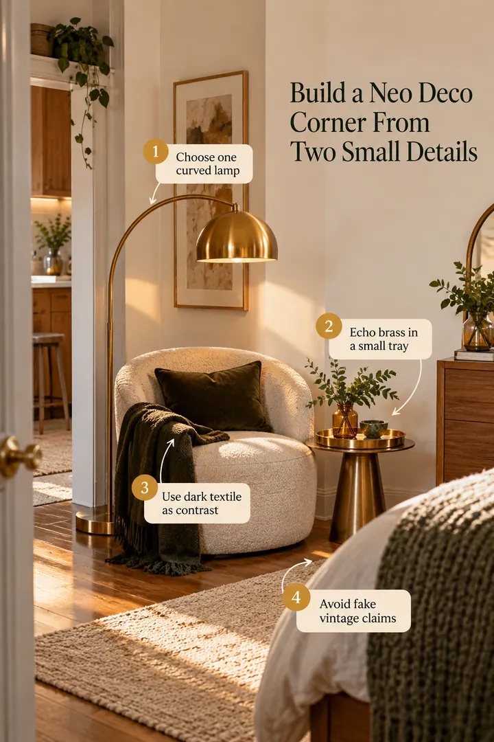 Annotated Educational Photo of neo deco brass curve vignette in Studio apartment corner showing choose one curved lamp.