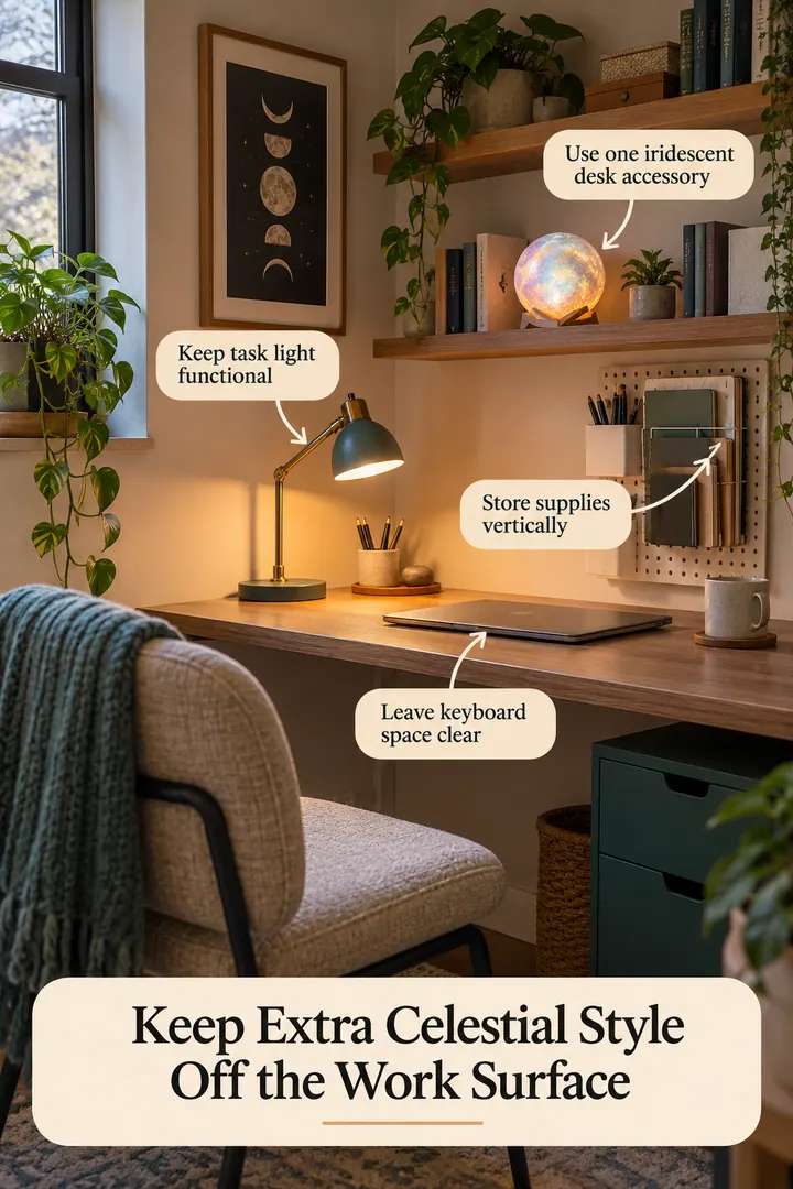 Annotated Educational Photo of extra celestial desk lighting in Tiny home office nook showing use one iridescent desk accessory.