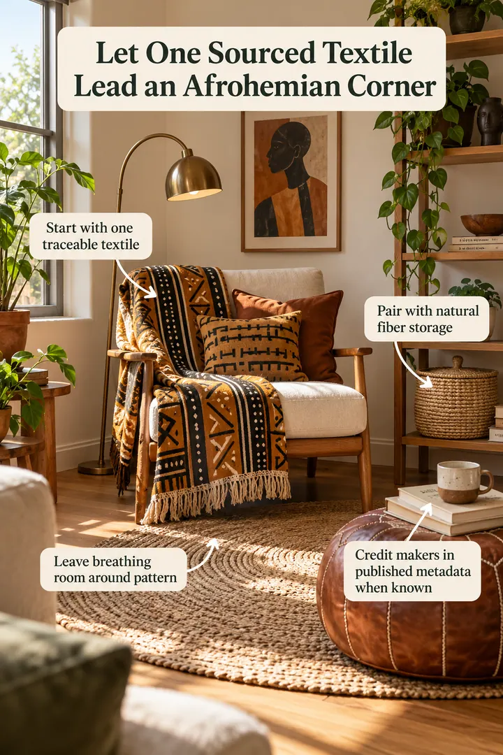 Annotated Educational Photo of afrohemian textile led reading corner in Small living room corner showing start with one traceable textile.