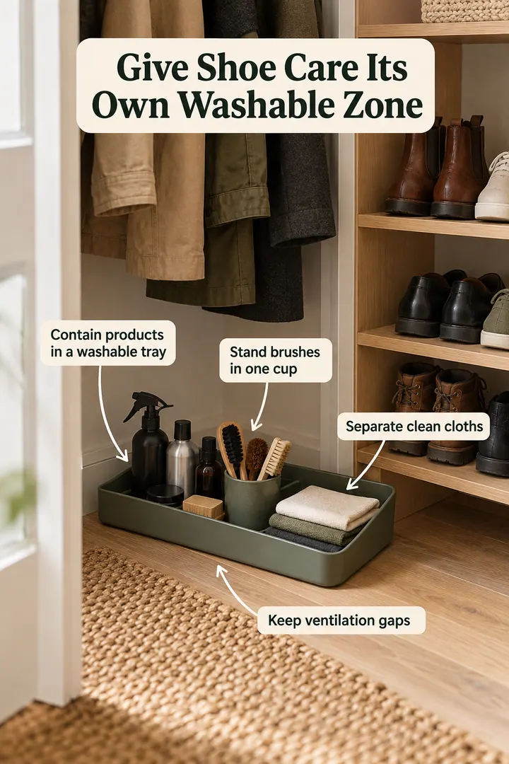 Annotated Educational Photo of shoe care kit storage in Coat closet floor showing contain products in a washable tray.