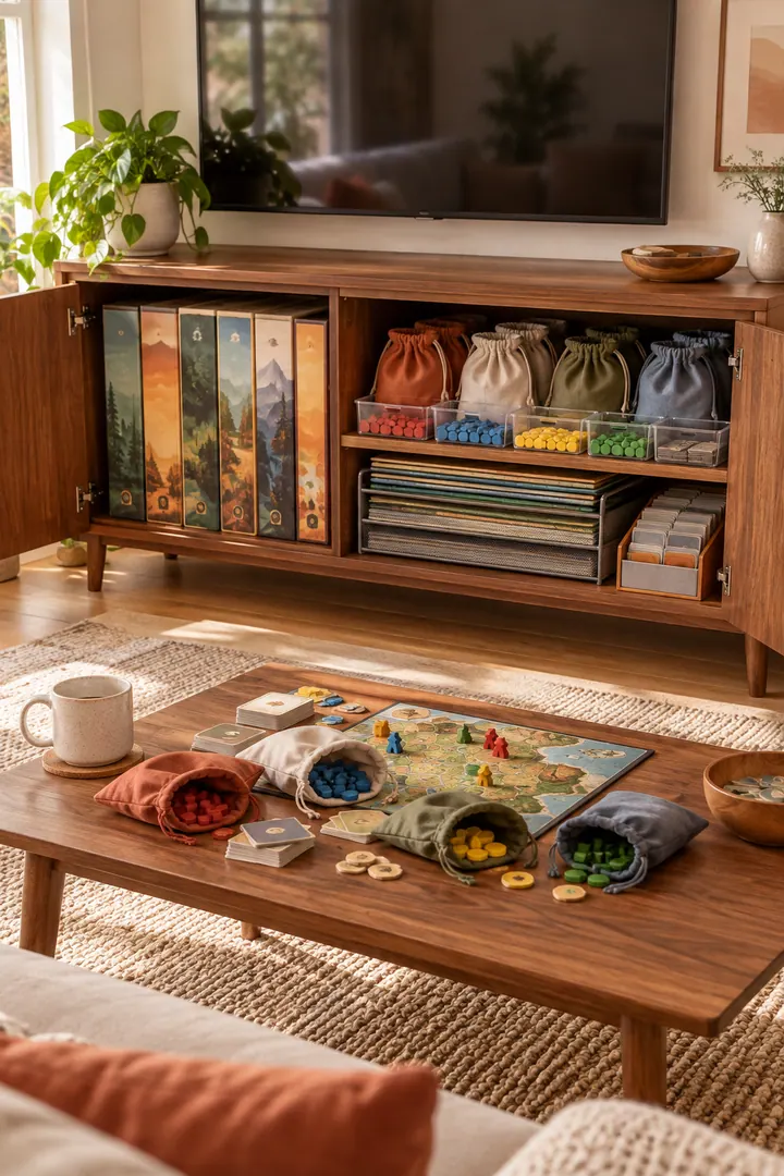 Clean Photo of board game component pouches in Living room media cabinet showing bag pieces by game.