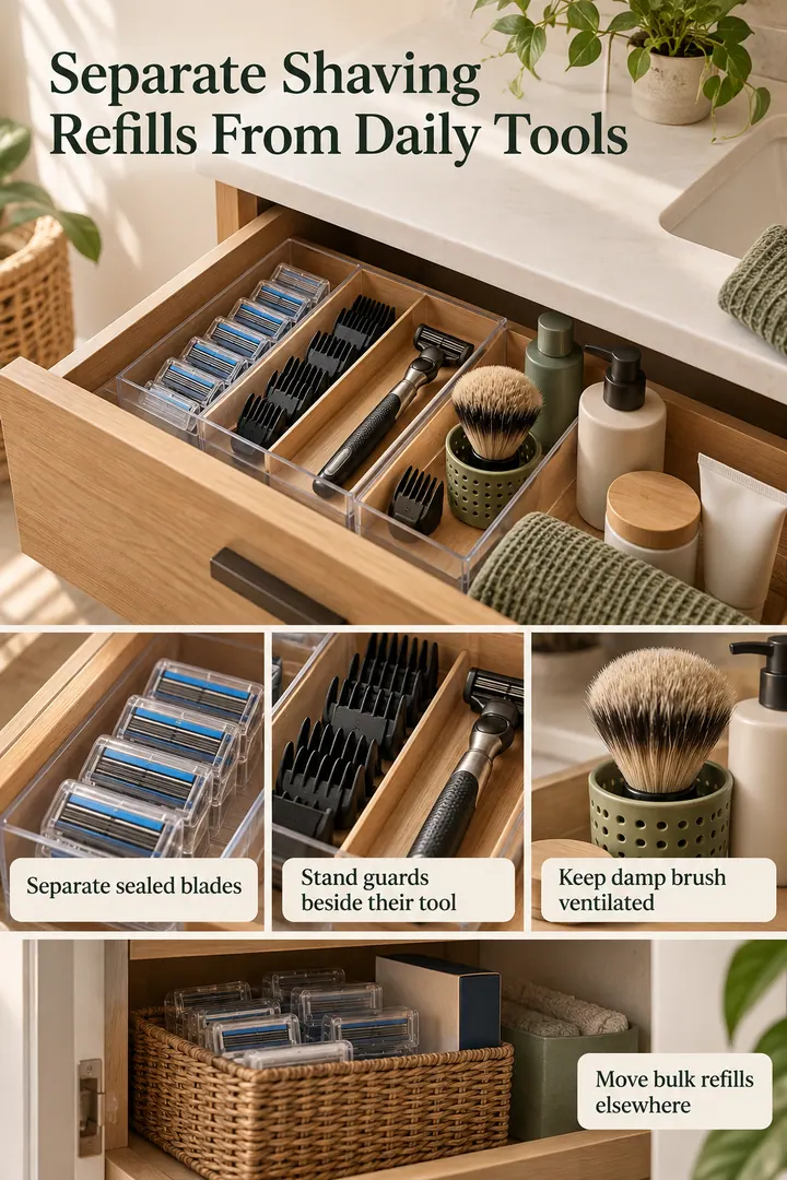 Editorial Educational Collage of shaving refill drawer lanes in Bathroom vanity drawer showing separate sealed blades.
