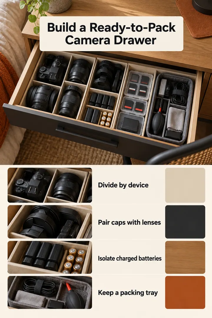 Color Palette Guide of camera gear drawer cells in Bedroom desk drawer showing divide by device.