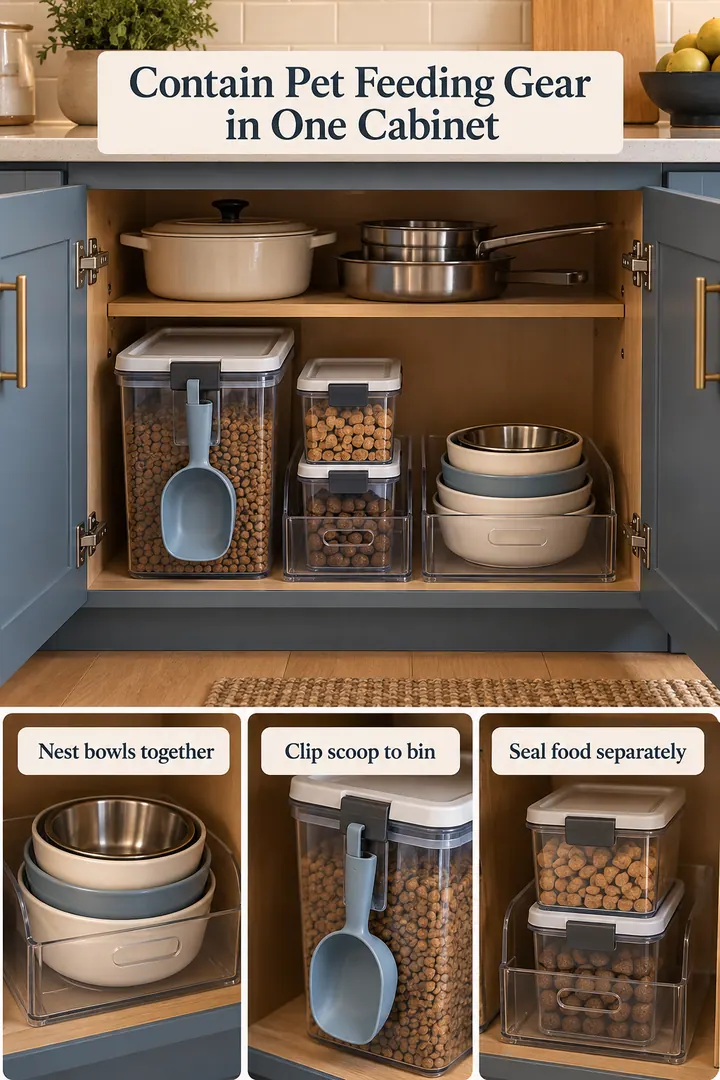 Room-by-Room Visual Guide of pet feeding cabinet bin in Kitchen base cabinet showing nest bowls together.